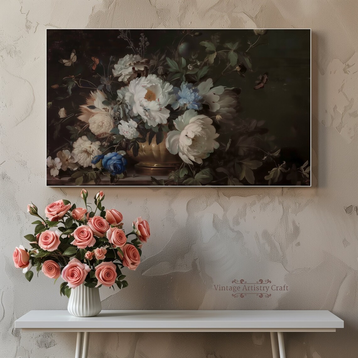 Moody Dark Floral Still Life White Peonies Butterflies Poster - Image 2