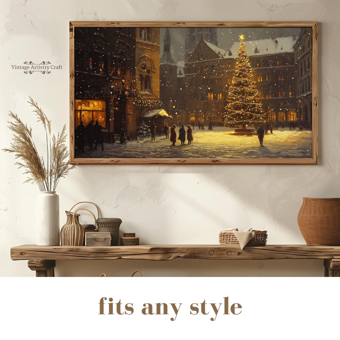 Old Town Christmas Tree Night Market Snowfall Vintage Poster - Image 6