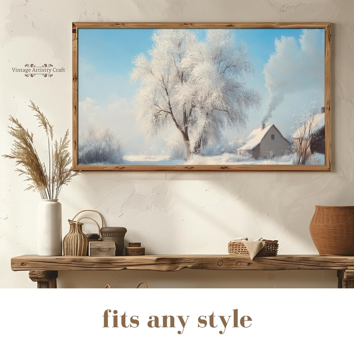 Frost Covered Tree Snowy Cottage Blue Sky Winter Peaceful Poster - Image 8