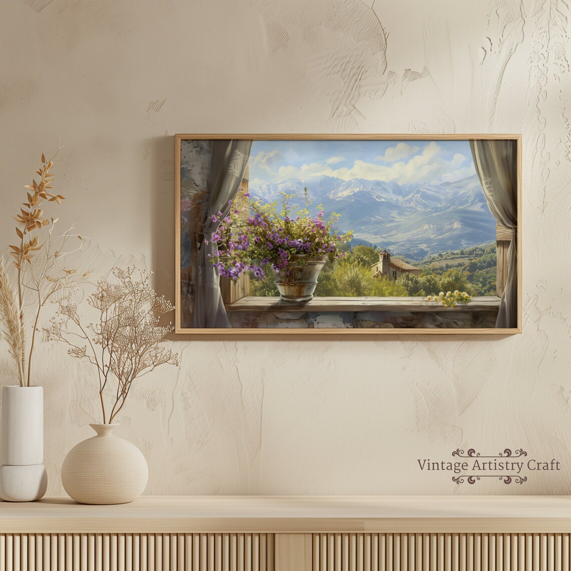 Window View Snowy Mountains Purple Flowers Rustic Sill Art Poster - Image 4