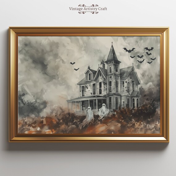 Haunted House With Ghosts Bats Watercolor Halloween Art Poster