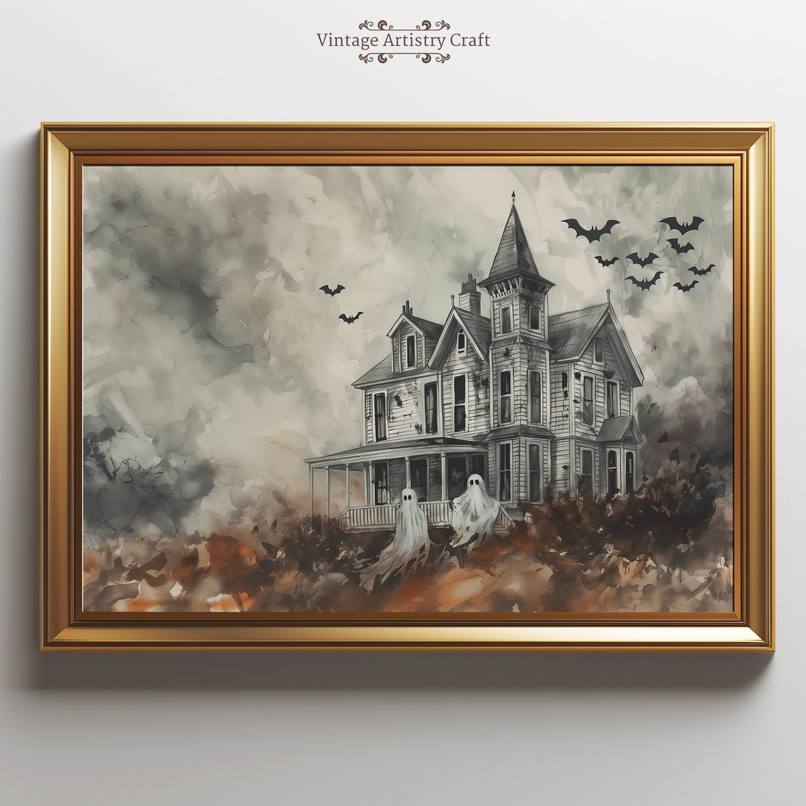 Haunted House With Ghosts Bats Watercolor Halloween Art Poster
