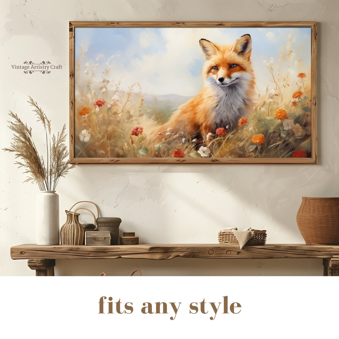 Red Fox In Wildflower Meadow Sunny Countryside Portrait Poster - Image 3