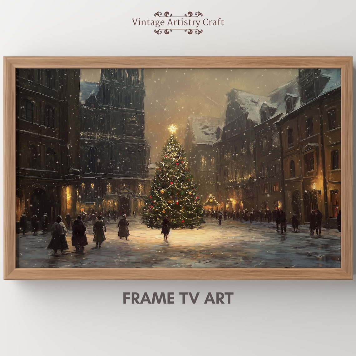Snowy Winter Christmas Town Square Tree Vintage Oil Painting Poster