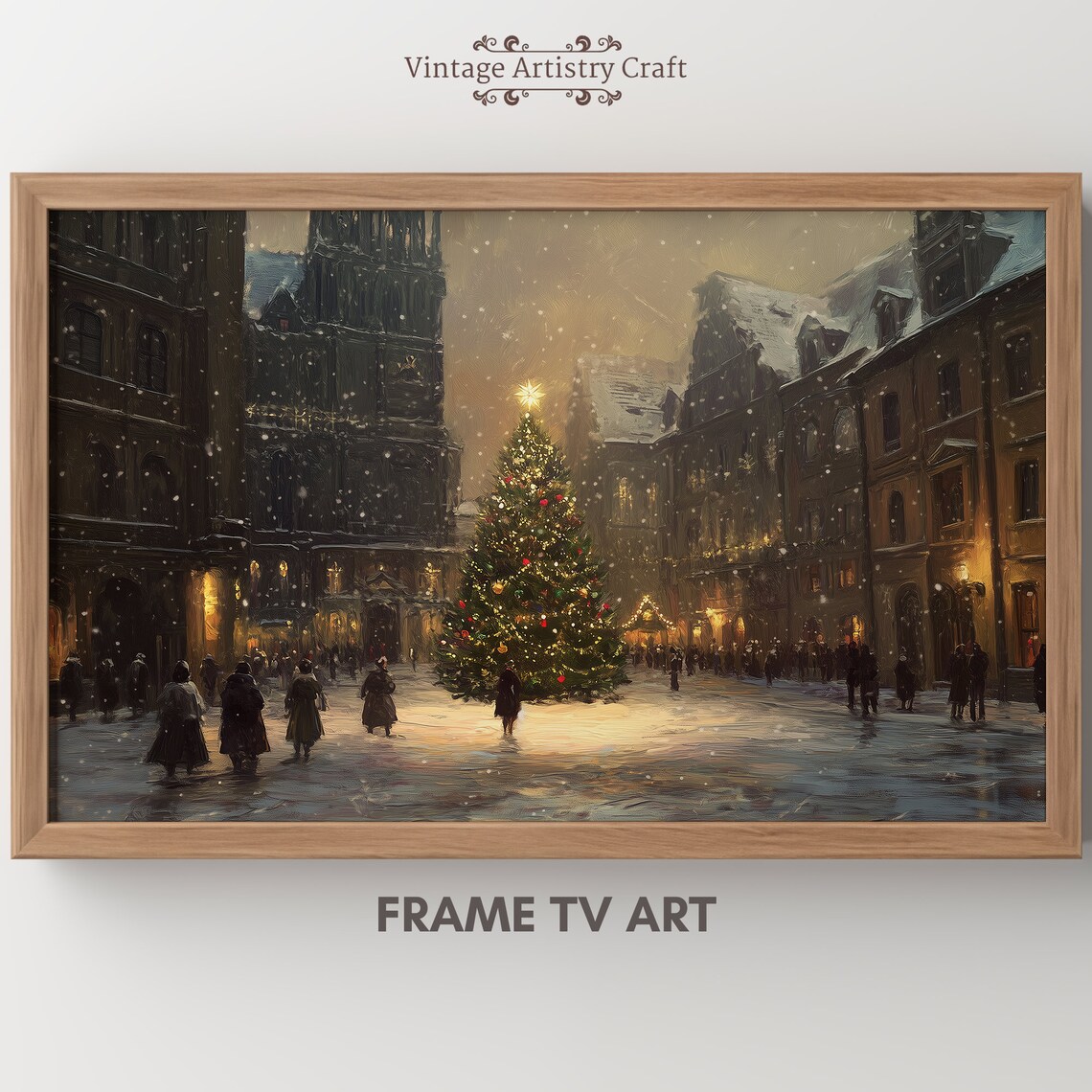 Winter Frame Tv Art Christmas Tree Warm Street Town Moody Farmhouse Tv Decor Vintage Oil Painting 4k