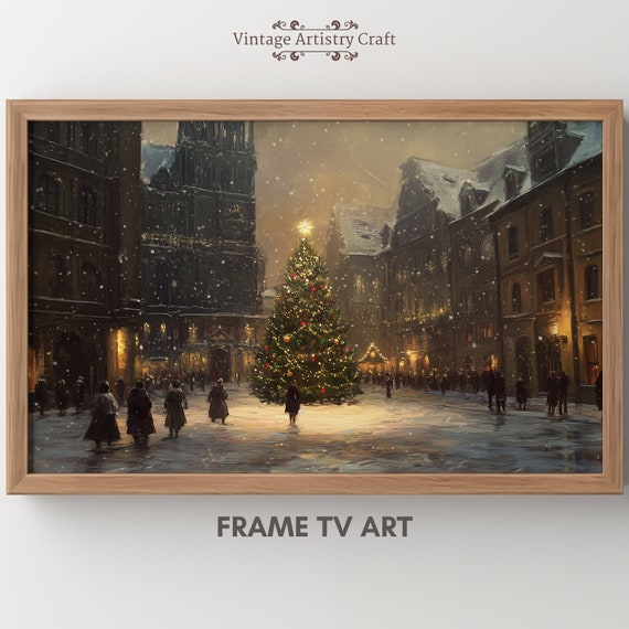 Winter Frame Tv Art Christmas Tree Warm Street Town Moody Farmhouse Tv Decor Vintage Oil Painting 4k