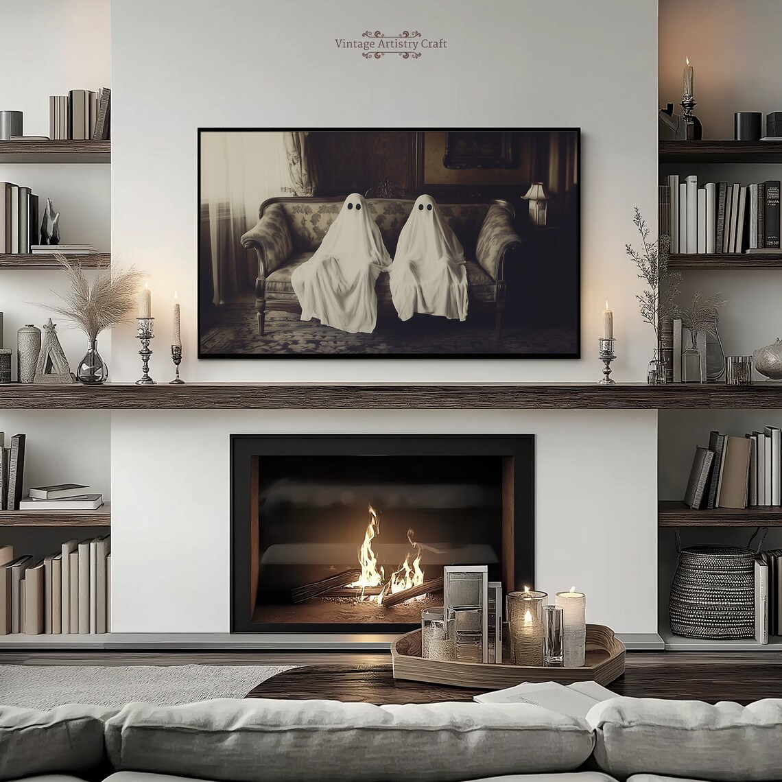 Two Ghosts Vintage Sofa Dark Interior Spooky Halloween Art Poster - Image 5