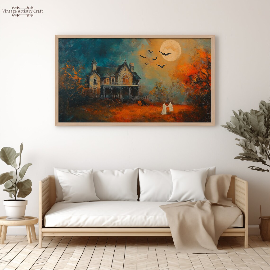 Victorian House Ghosts Bats Full Moon Orange Teal Halloween Poster - Image 3
