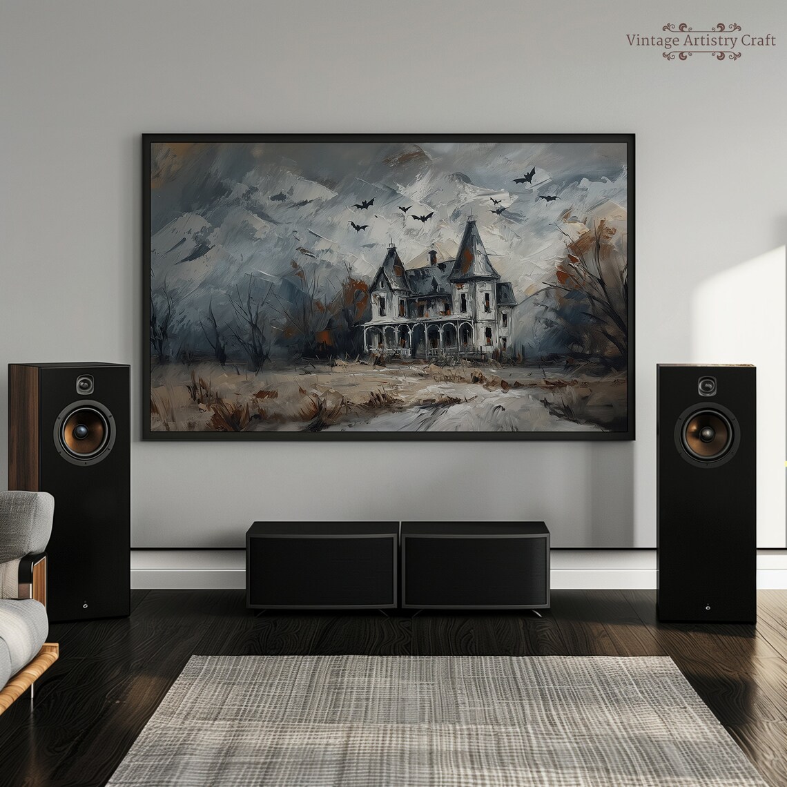Grey Haunted House Bats Stormy Sky Vintage Halloween Painting Poster - Image 2