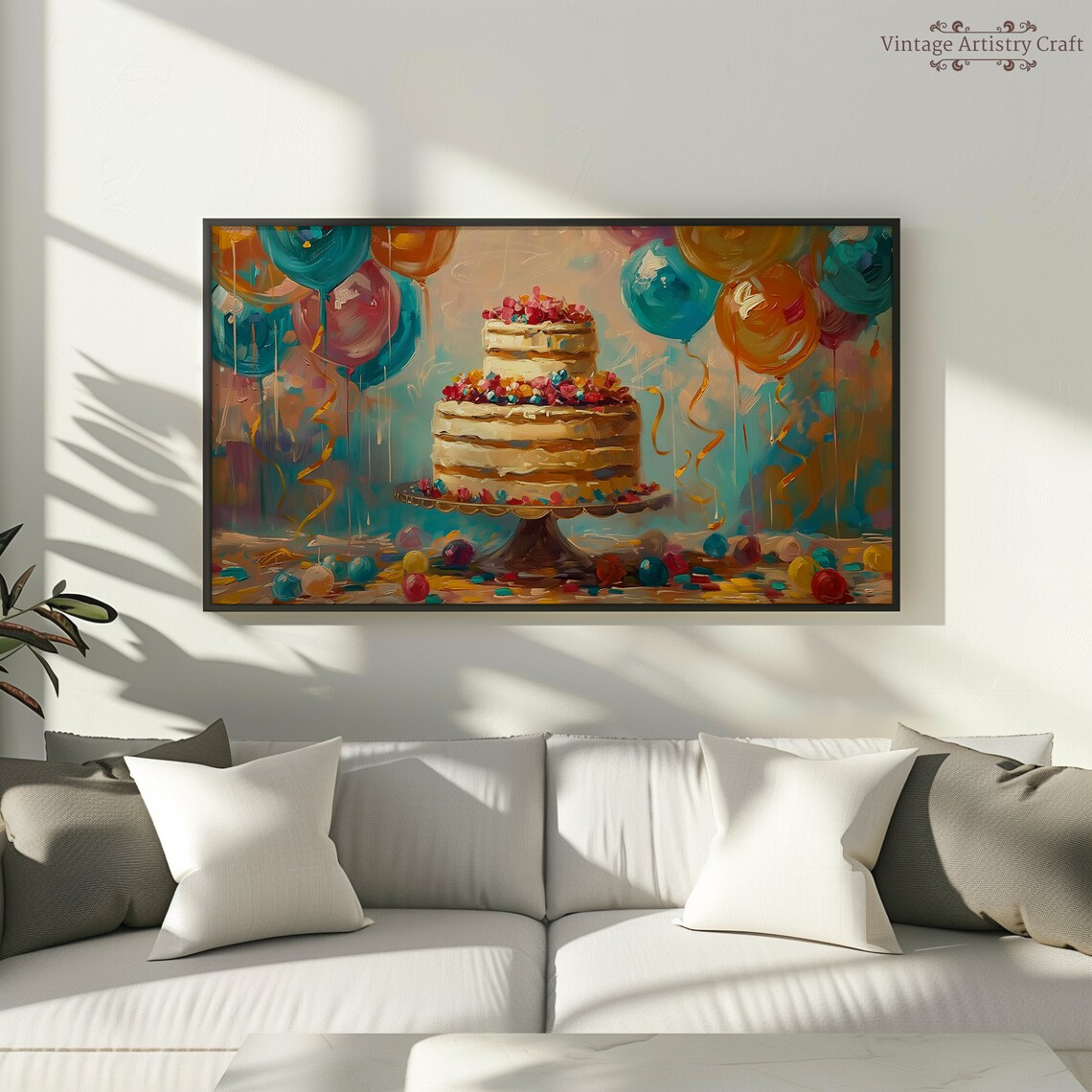 Colorful Birthday Cake With Balloons Festive Painting Poster - Image 7