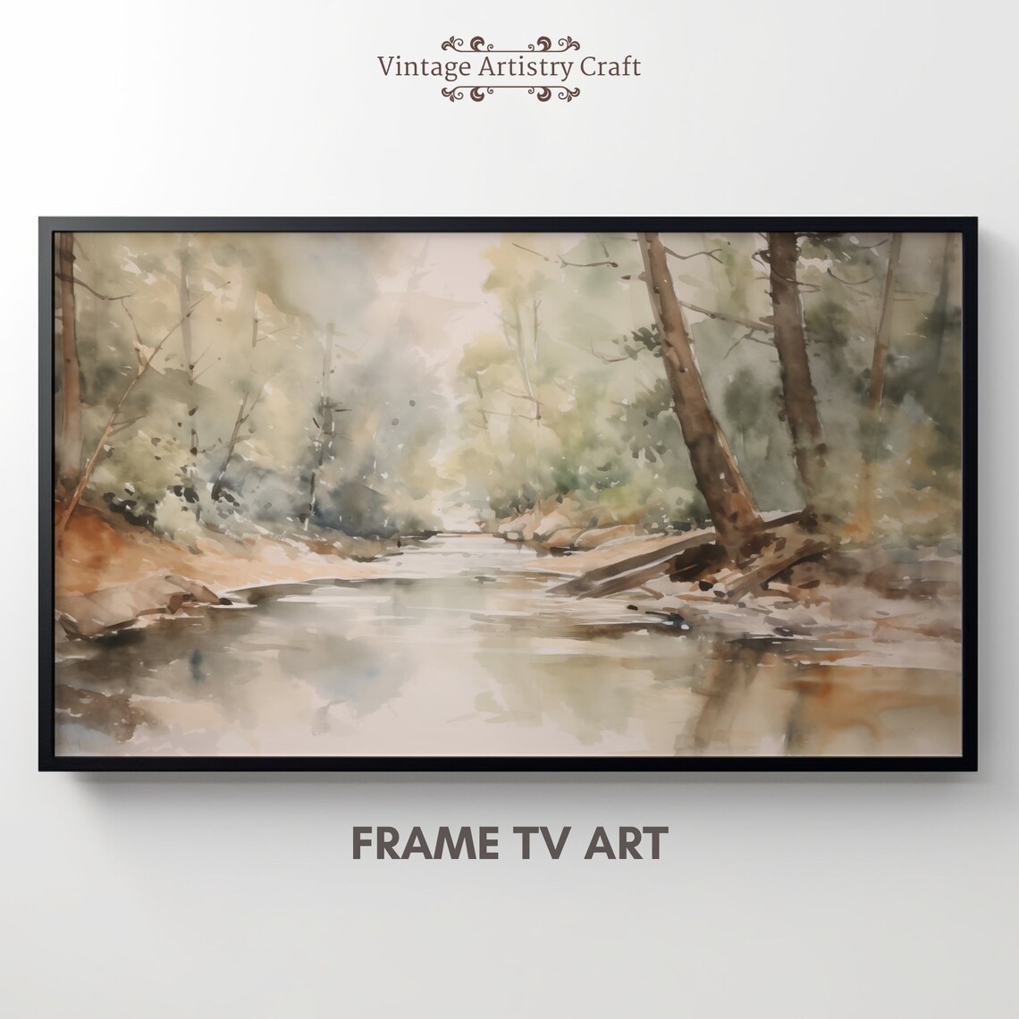 Misty Forest River Soft Watercolor Woodland Stream Nature Poster - Image 7