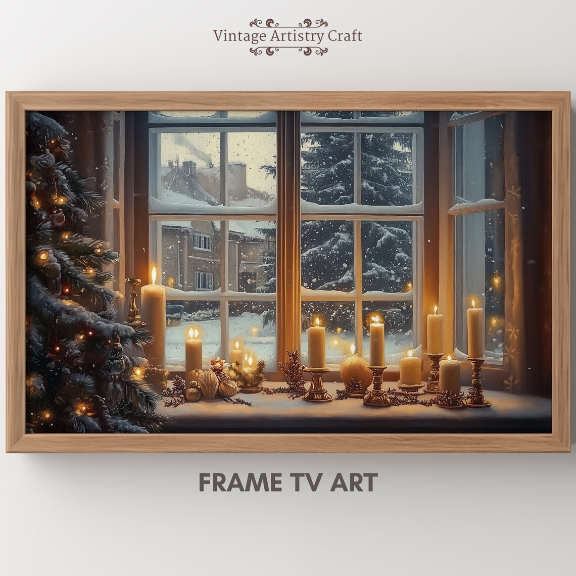 Christmas Candles and Snowy Tree Vintage Art Print