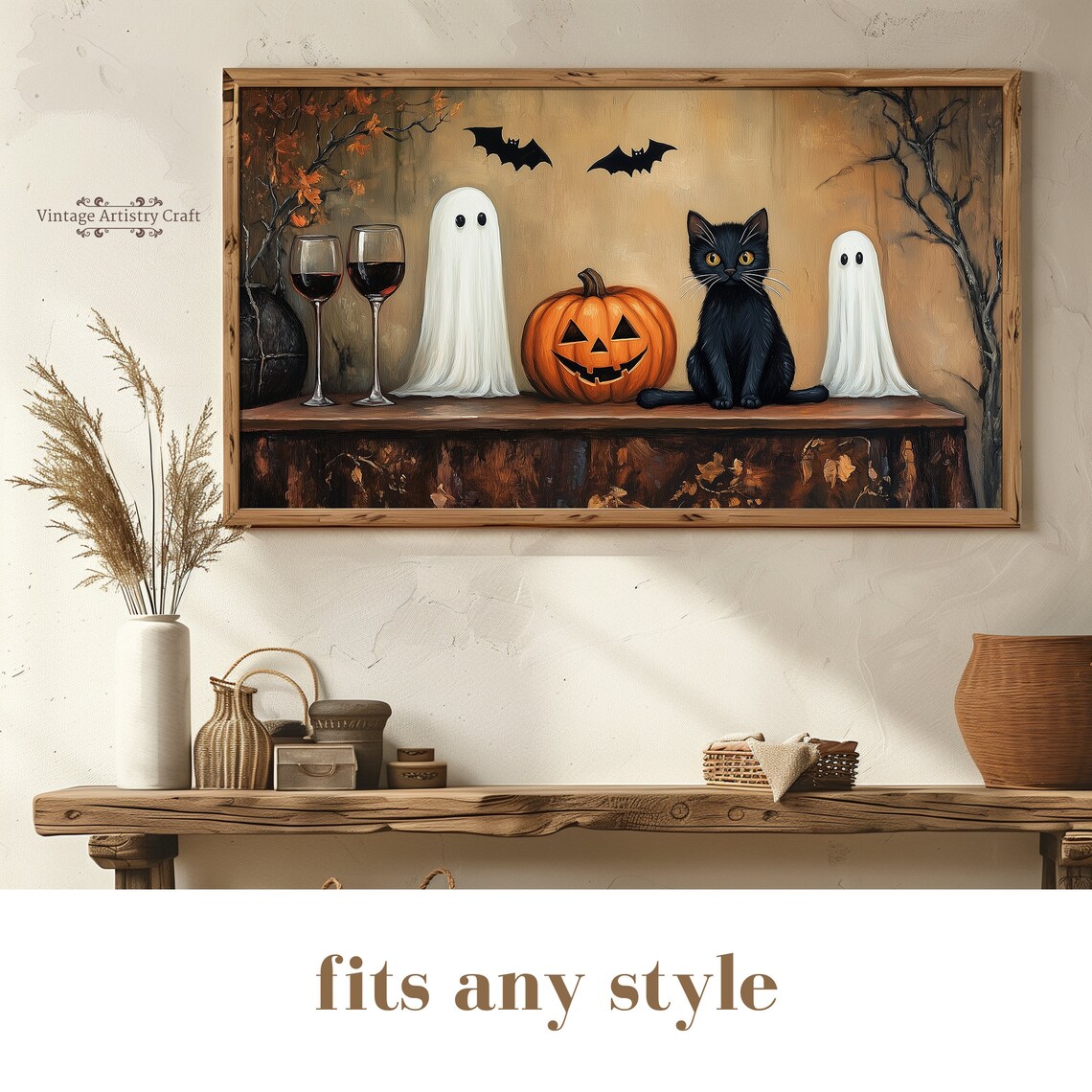 Ghost Pumpkin Black Cat Wine Halloween Vintage Still Life Poster - Image 8