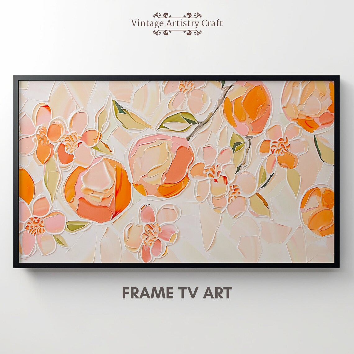 Textured Peach Blossom Impasto Orange Citrus Floral Canvas Poster - Image 2