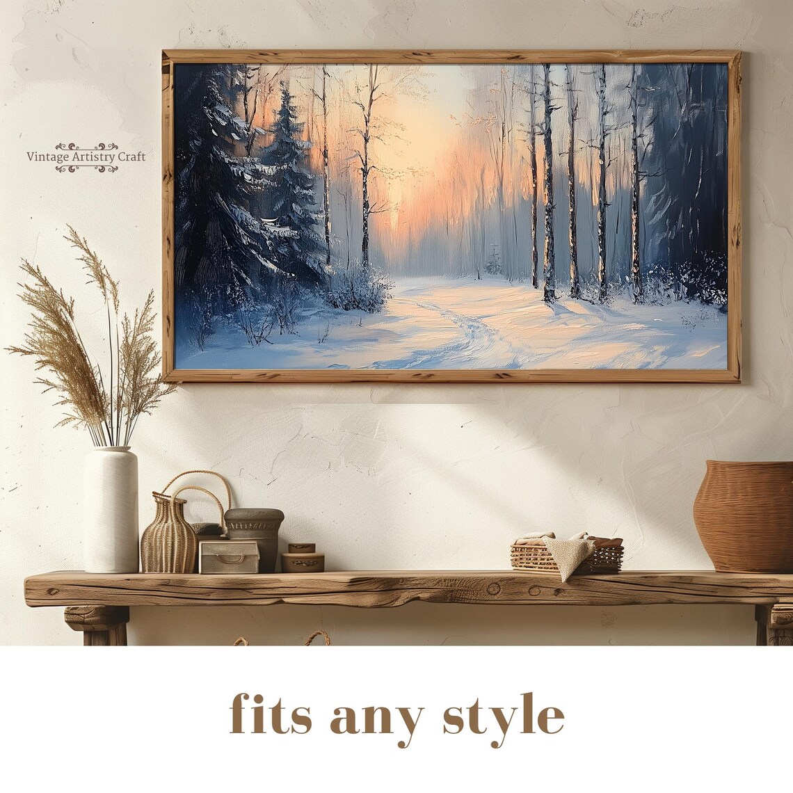 Winter Forest Path Sunset Snowy Pines Romantic Evening Painting Poster - Image 8
