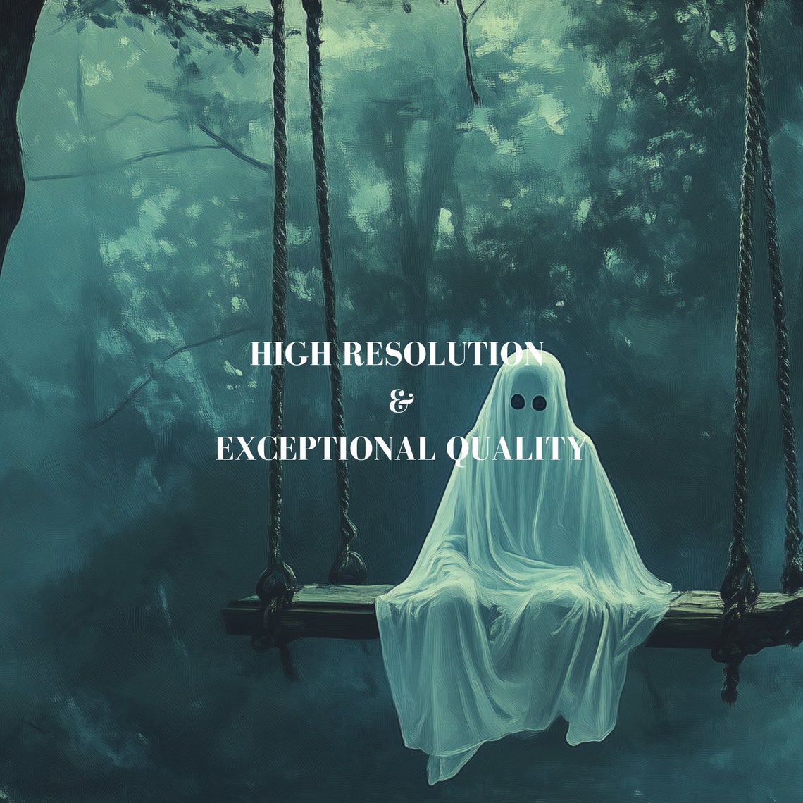 Cute Sheet Ghost on Swing in Misty Forest Spooky Halloween Poster - Image 6