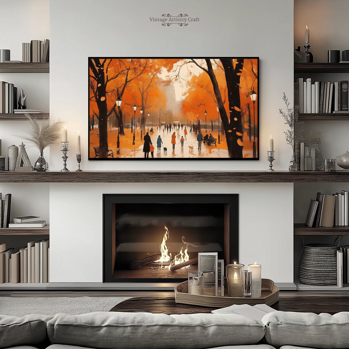 Autumn City Park Stroll Orange Trees Fall Foliage Oil Painting Poster - Image 5