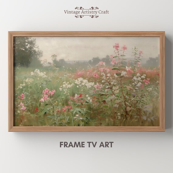 Pink Wildflower Field Spring Meadow Vintage Oil Painting Wall Art
