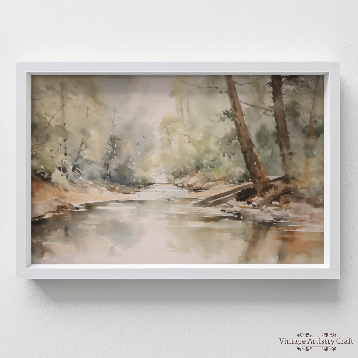 Misty Forest River Soft Watercolor Woodland Stream Nature Poster - Image 5
