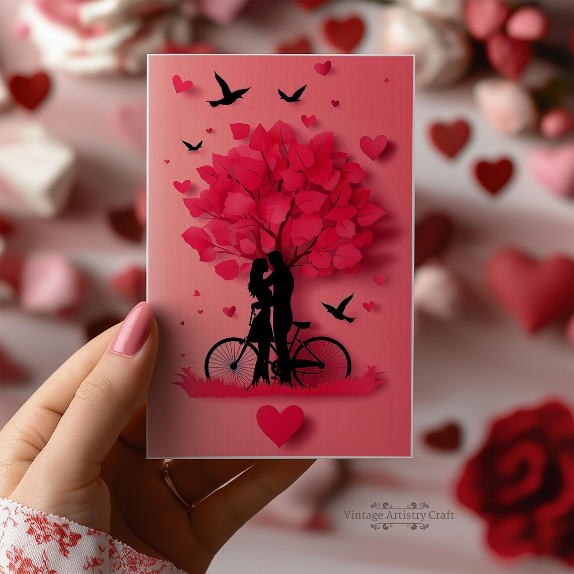 Romantic Couple Heart Tree Bicycle Valentines Day Card Design Poster