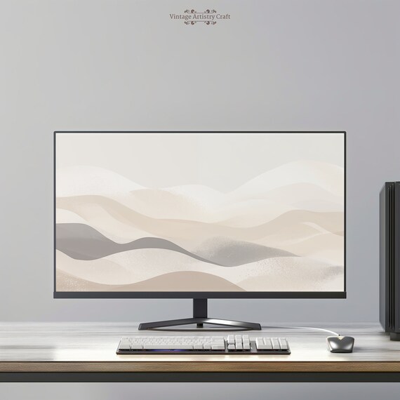 Neutral Beige Abstract Wave Lines Minimalist Desktop Wallpaper Wall Art