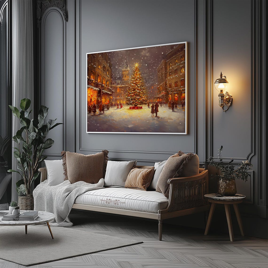 Christmas Tree Warm Street Town Winter Moody Farmhouse Wall Art Decor Vintage Oil Painting Xmas Print Snowing City Rustic Antique - Image 6