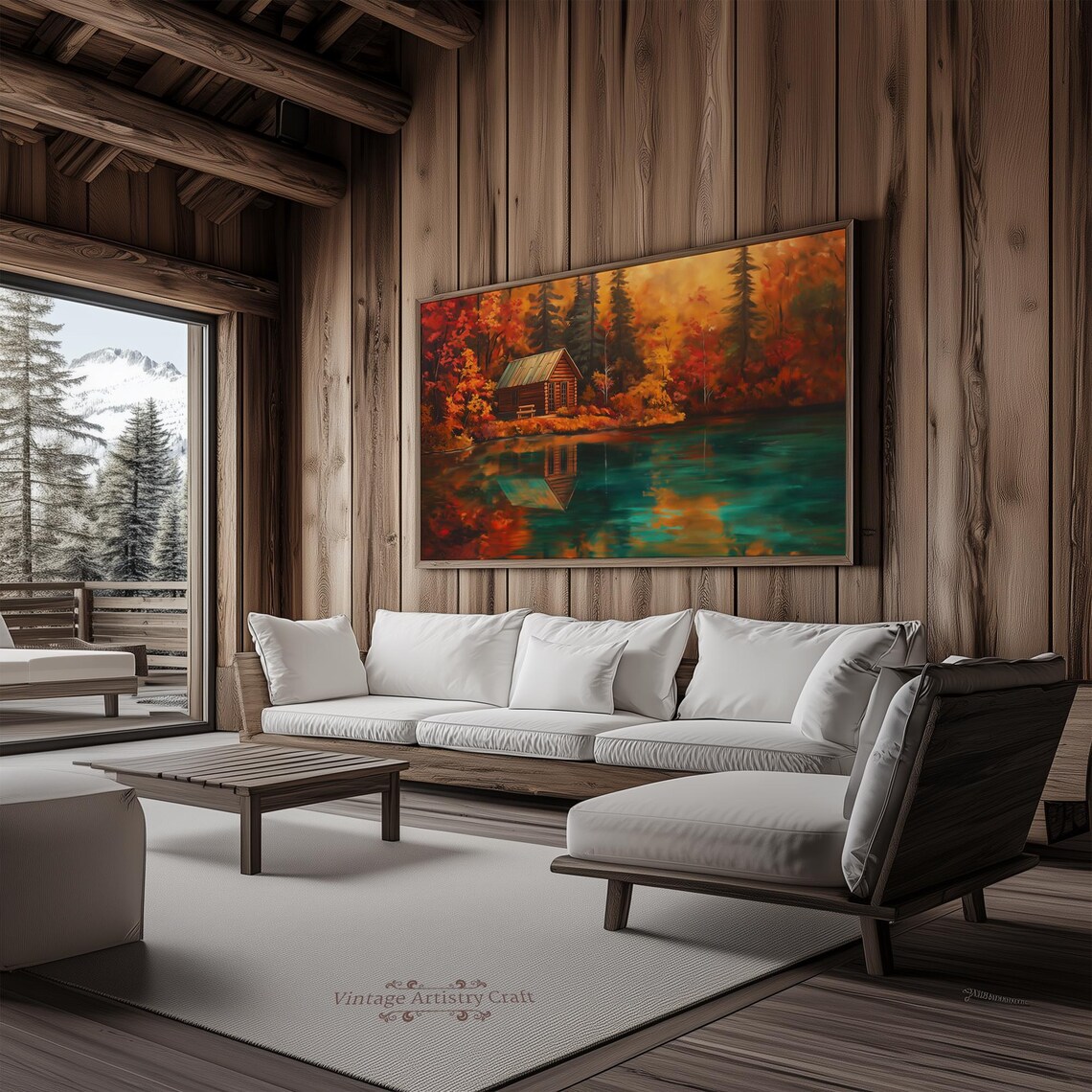 Autumn Log Cabin Vintage Oil Painting Art Print - Image 3