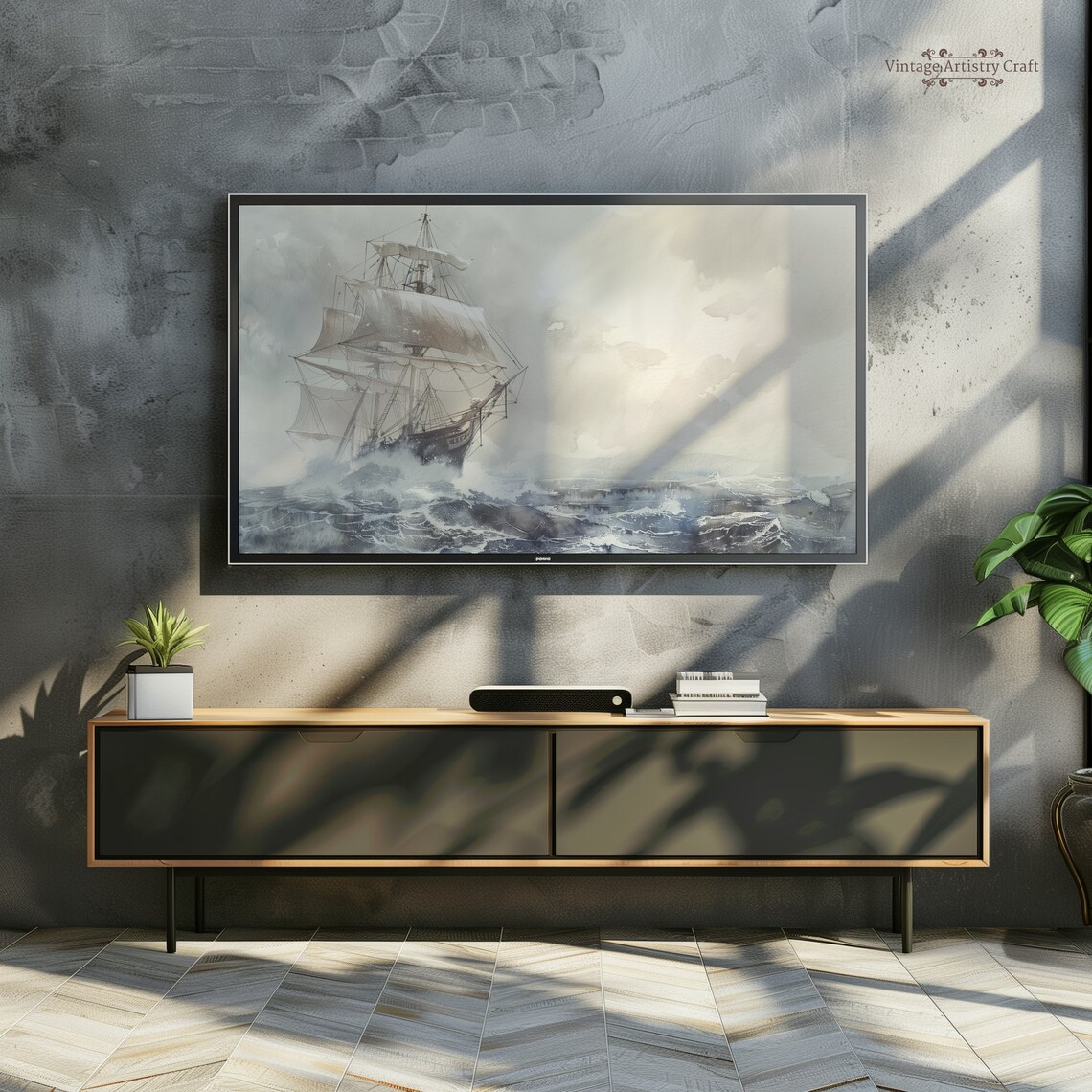 Tall Ship Stormy Sea Muted Nautical Watercolor Coastal Poster - Image 5