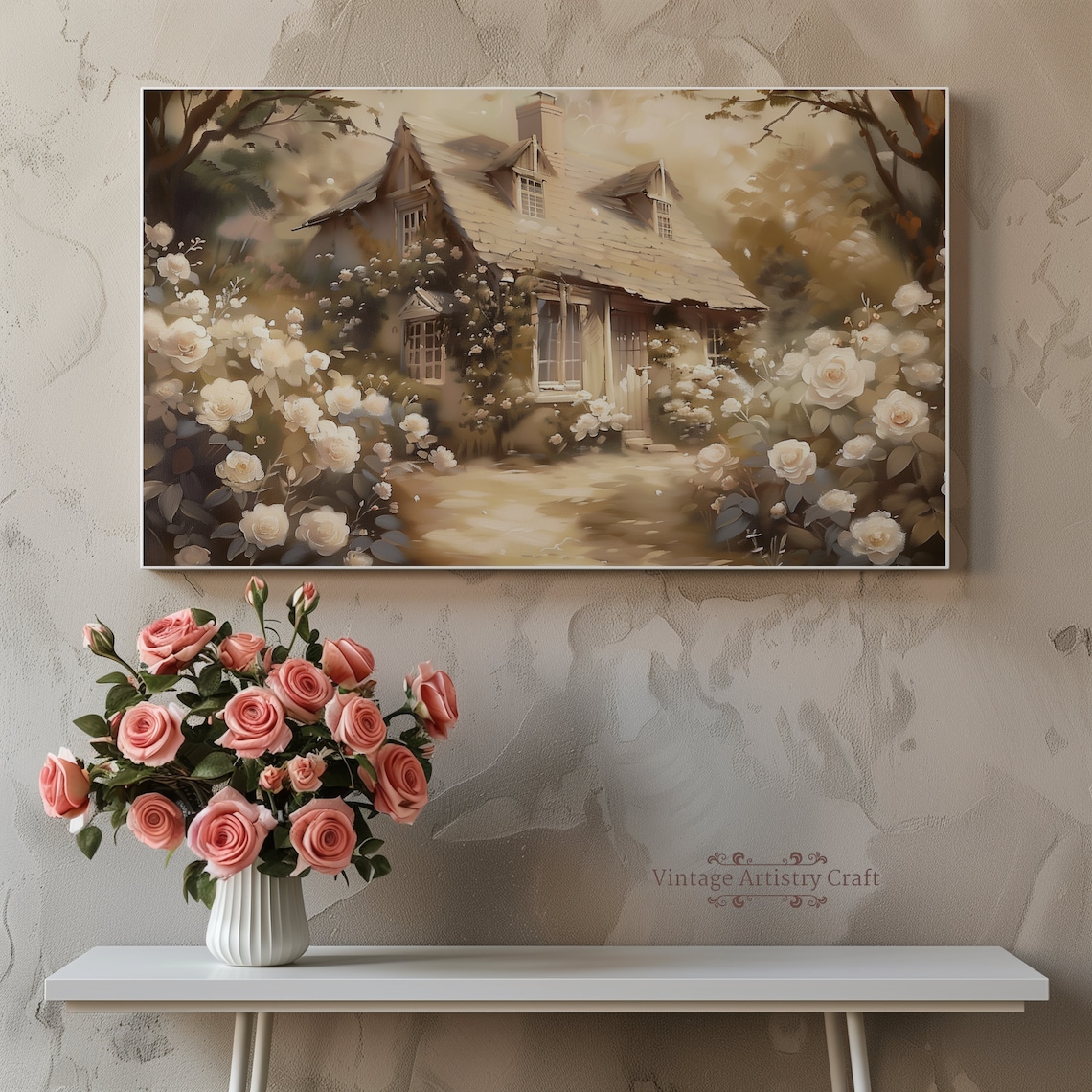 Storybook Cottage Covered in White Roses Vintage Garden Painting Poster - Image 6