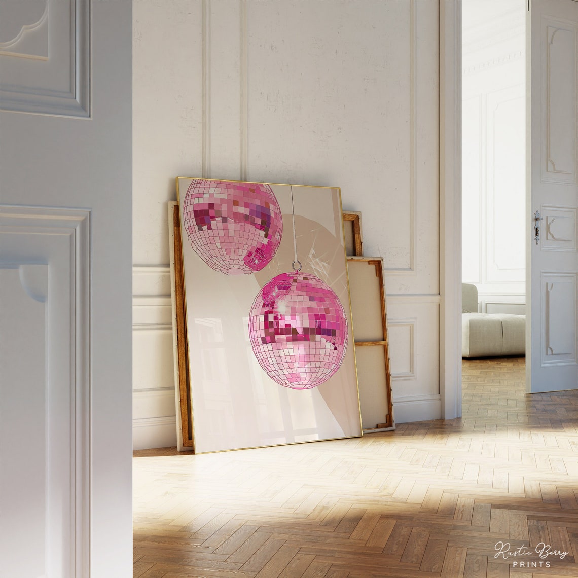 Pink Disco Balls Pair Hanging Retro Glam Party Sparkle Wall Art
