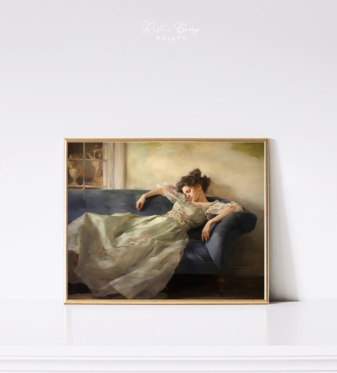 Vintage Woman Napping On Chaise Lounge Green Victorian Gown Romantic Poster