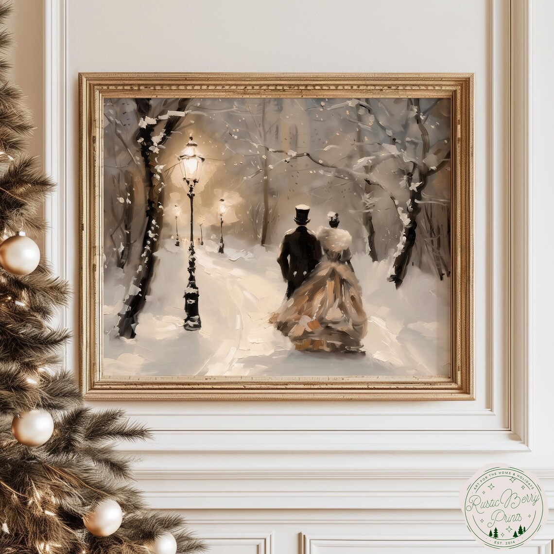 Victorian Couple Strolling Snowy Lamplit Winter Park Vintage Art Print