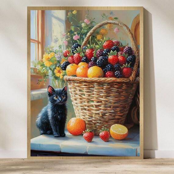 Black Kitten Fruit Basket Poster Summer Berries Sunny Window Painting