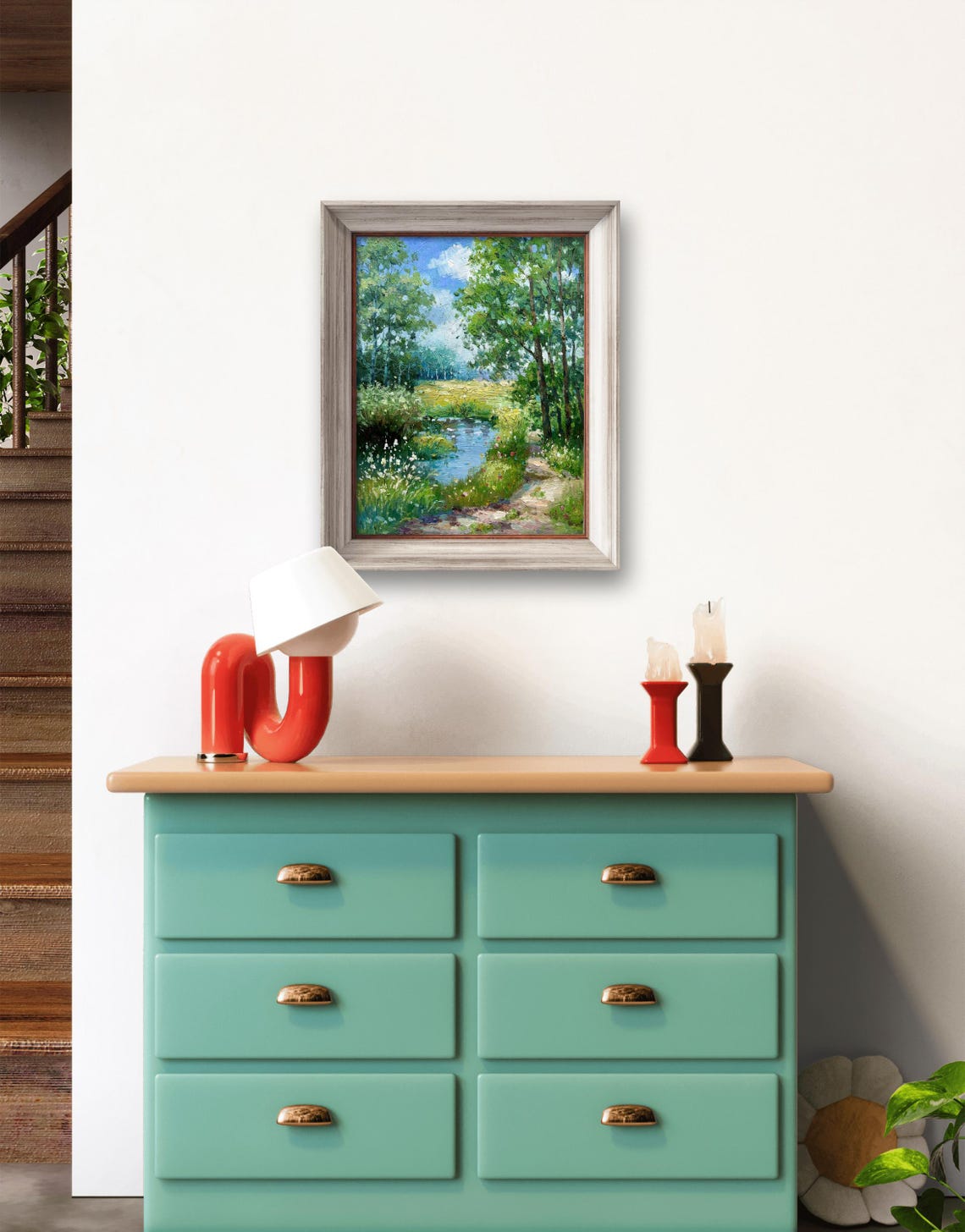 Forest Path Along Blue Pond With Wildflowers Summer Landscape Poster - Image 2