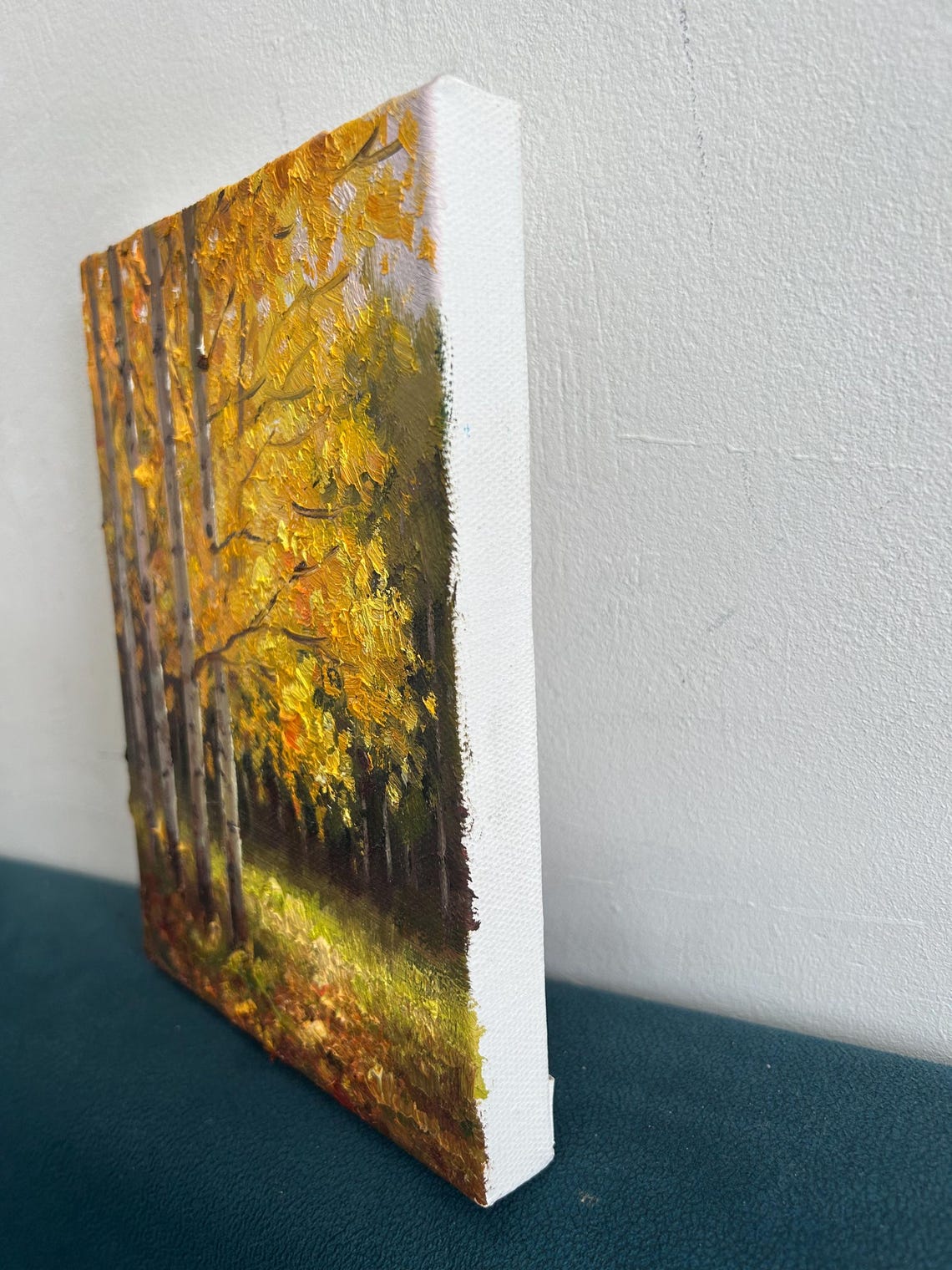 Golden Birch Trees Oil Painting Sunlit Autumn Trunks Forest Poster - Image 3