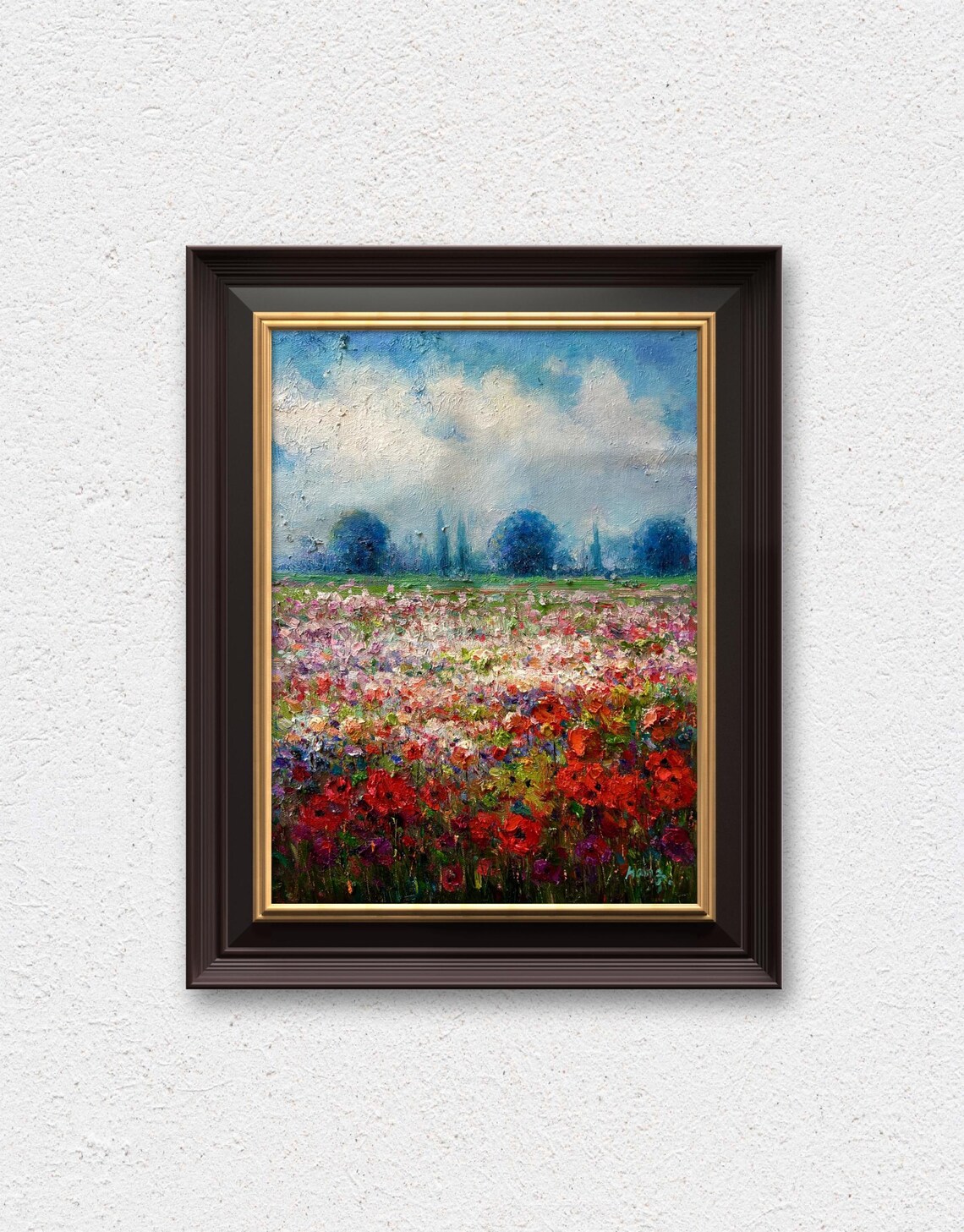 Red Poppy Field Oil Painting Summer Blooms Cloudy Sky Nature Poster