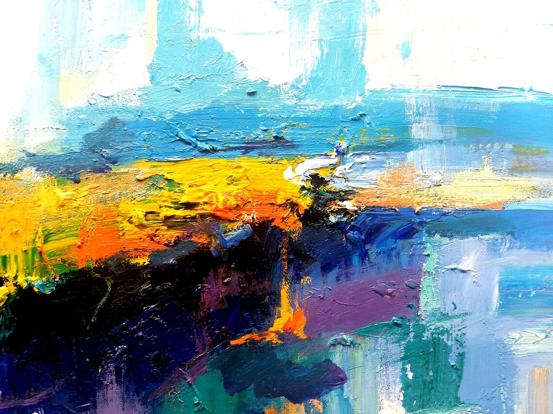 Blue Gold Abstract Palette Knife Impasto Texture Modern Art Print - Image 2