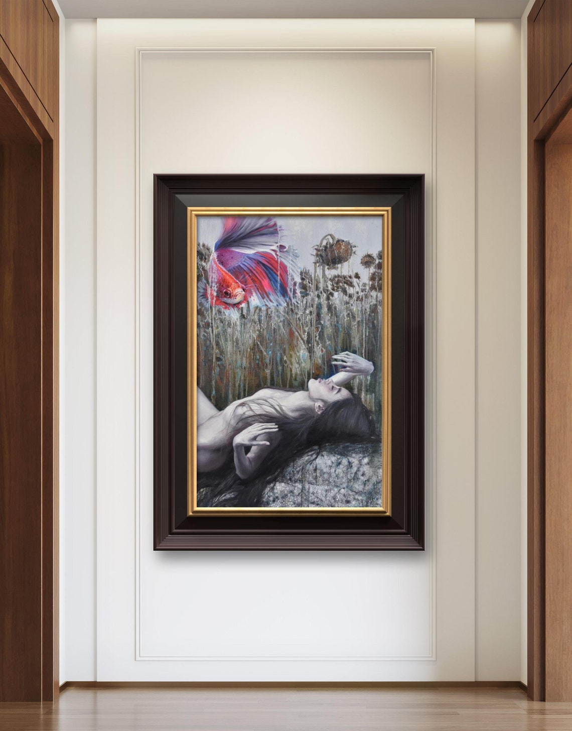 Reclining Nude With Colorful Fish Among Sunflowers Dreamy Art Print