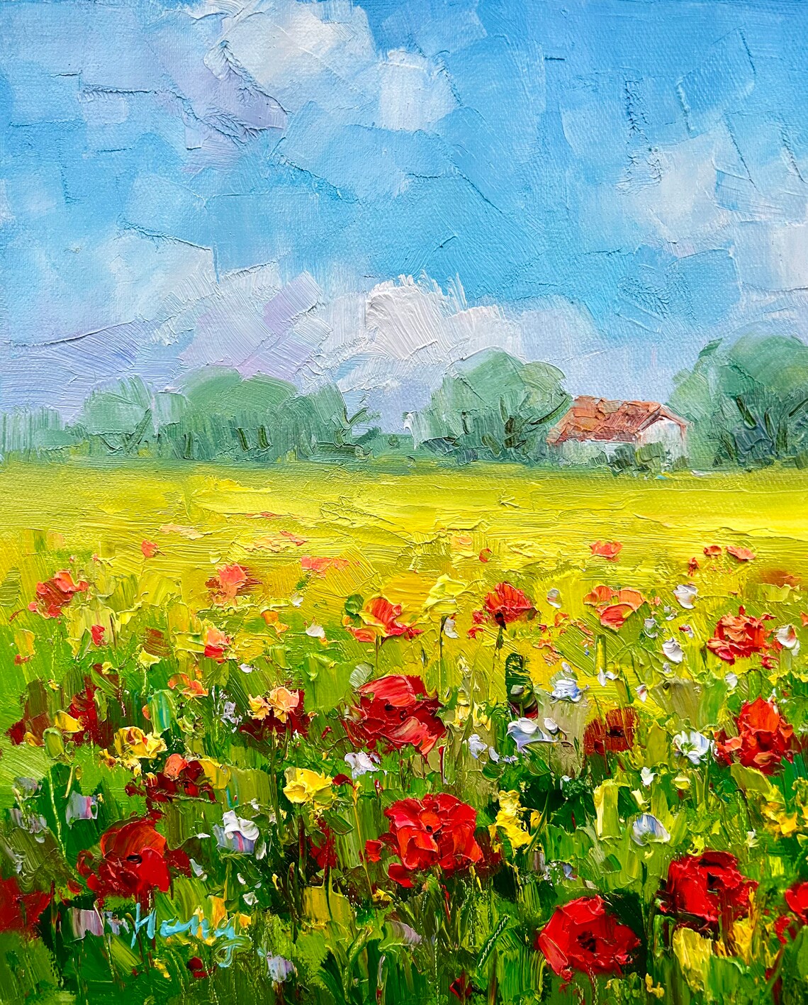 Red Poppies In Summer Field With Farmhouse Blue Sky Oil Poster - Image 5