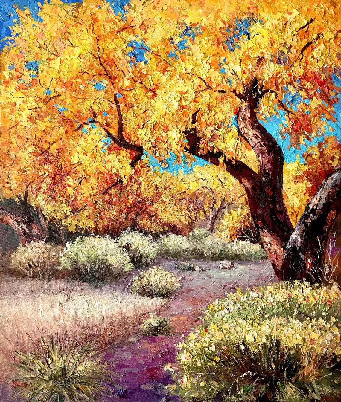 Golden Autumn Forest Path Bright Blue Sky Impasto Oil Painting Poster