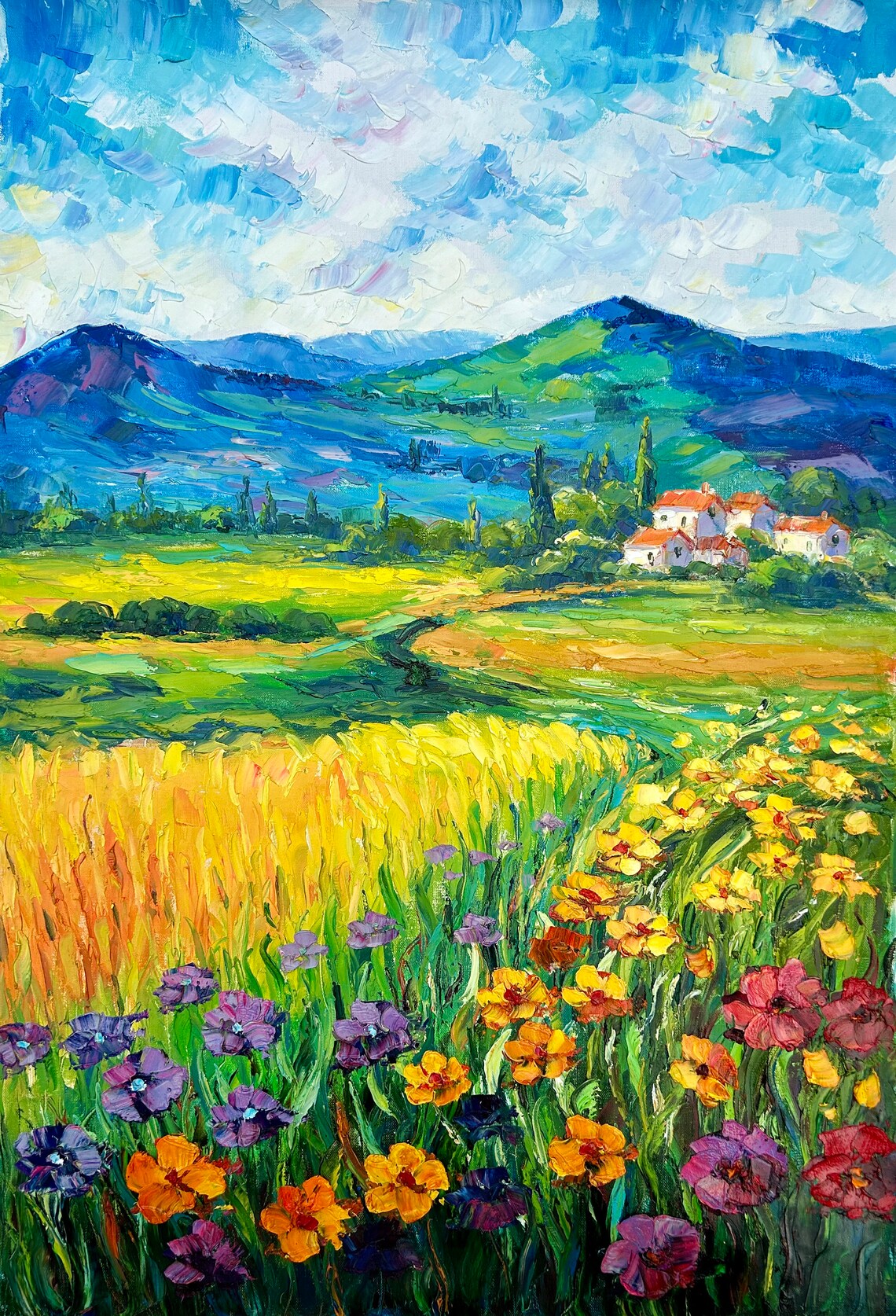 Mountain Valley Farmhouse With Colorful Wildflower Field Oil Poster - Image 5