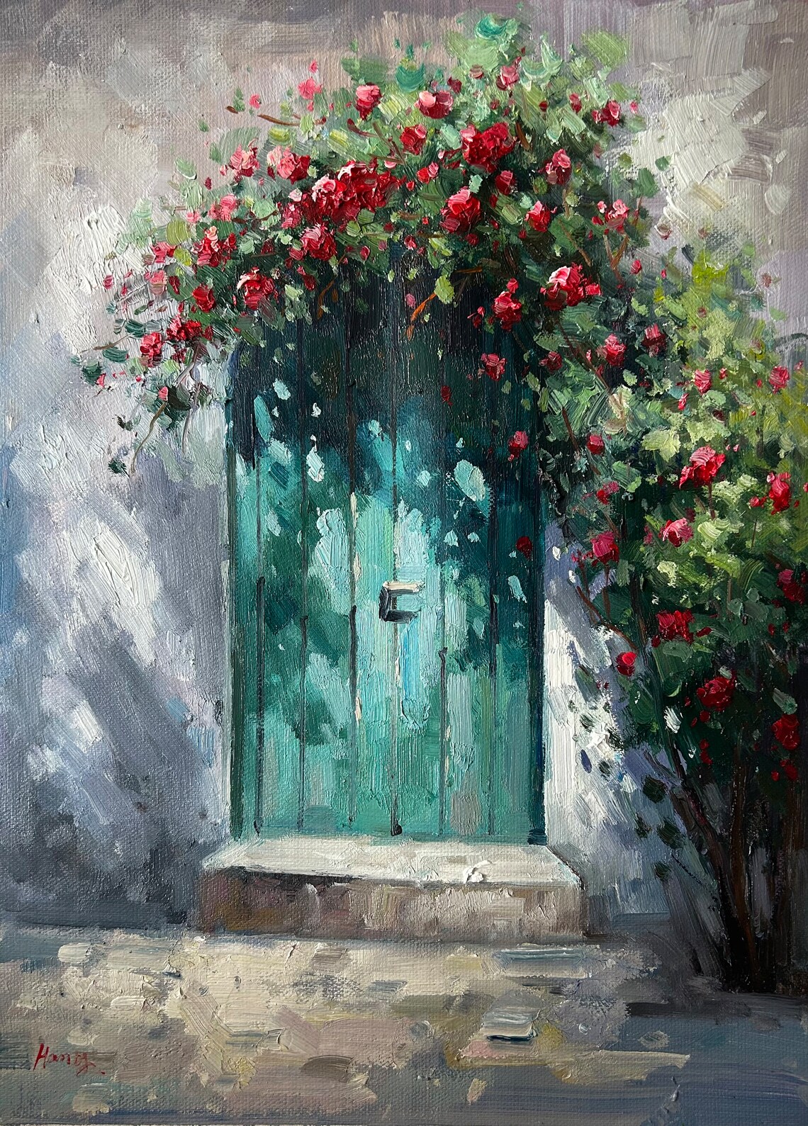 Turquoise Wooden Door Climbing Red Roses Vintage Garden Poster