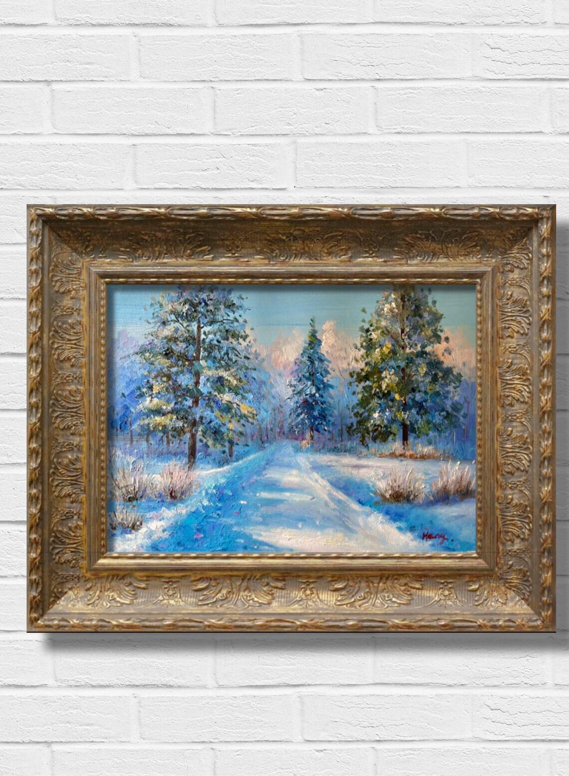 Snowy Winter Forest Path Blue Pines Snow Landscape Oil Poster - Image 5