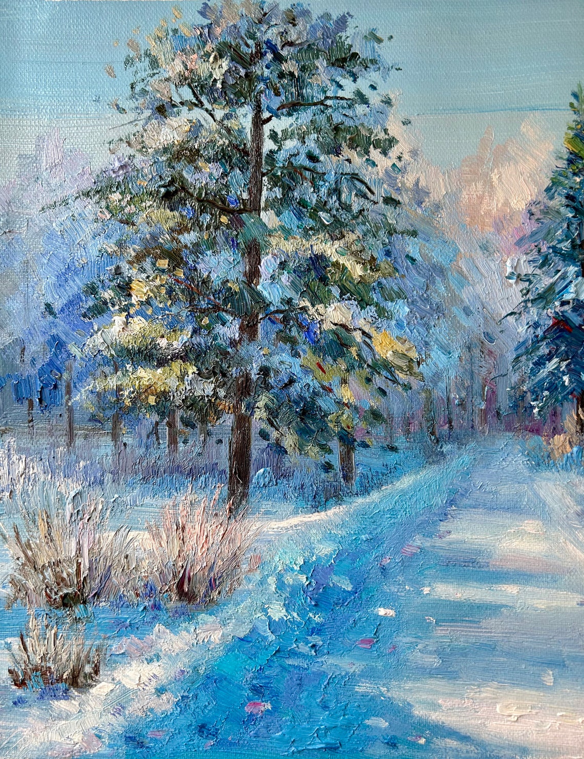 Snowy Winter Forest Path Blue Pines Snow Landscape Oil Poster - Image 3