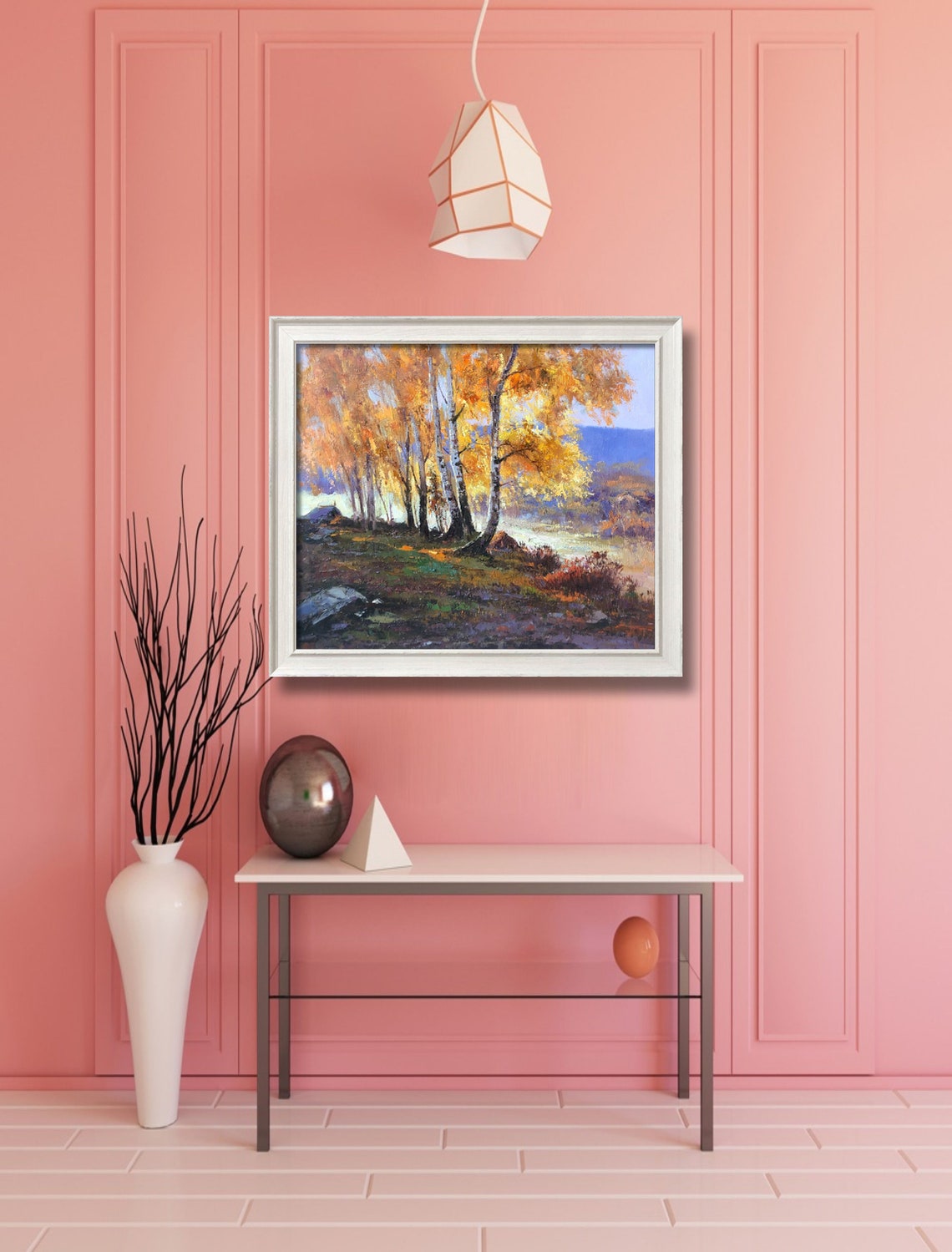 Golden Autumn Birch Trees Forest Misty Hillside Landscape Poster - Image 3