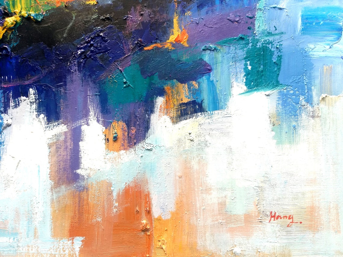 Blue Gold Abstract Palette Knife Impasto Texture Modern Art Print - Image 3