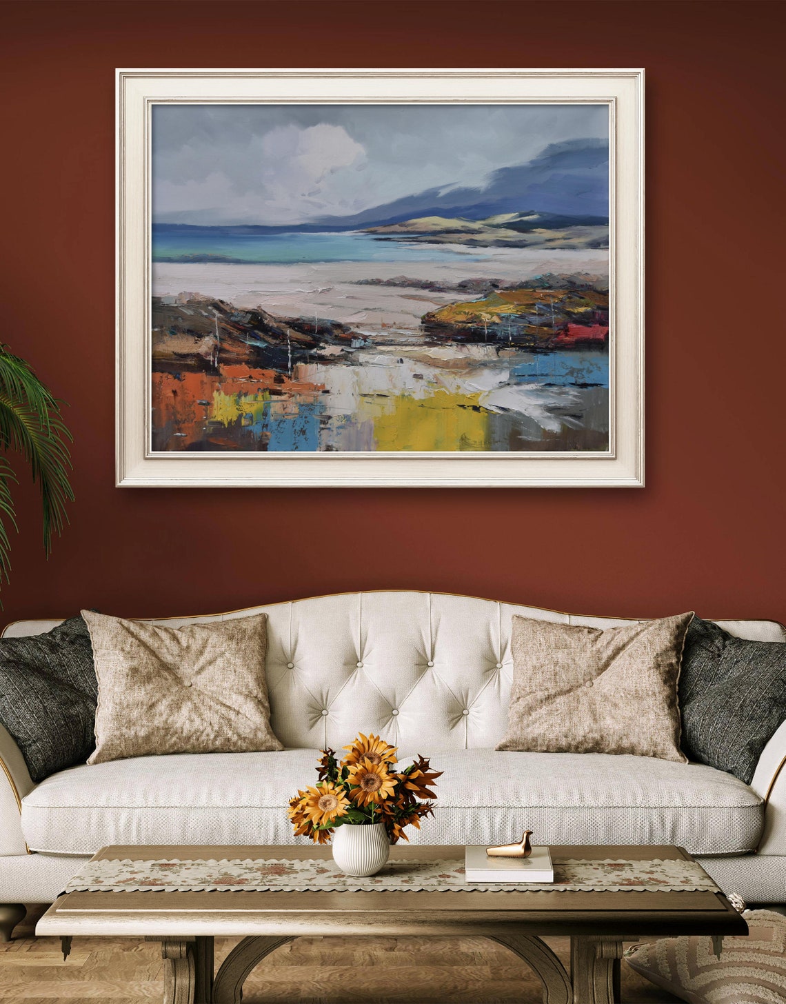 Abstract Coastal Seascape With Mountains Blue And Gold Oil Poster - Image 4