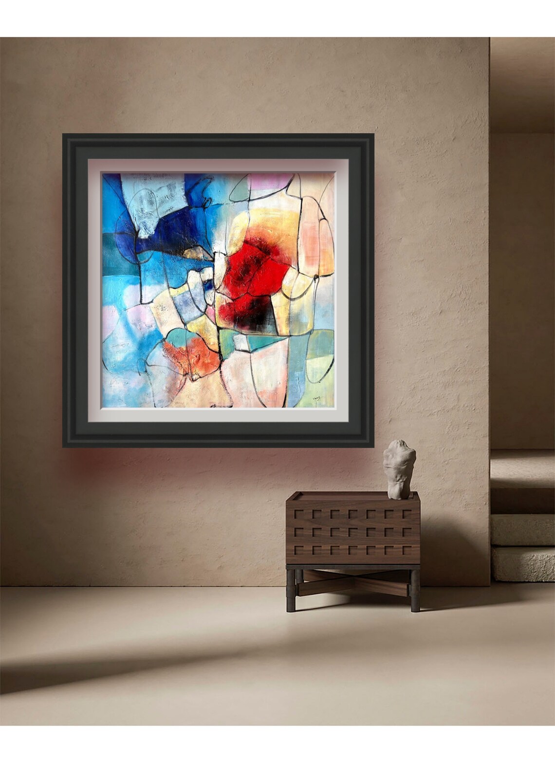 Abstract Blue Red Yellow Geometric Mosaic Oil Painting Print - Image 2