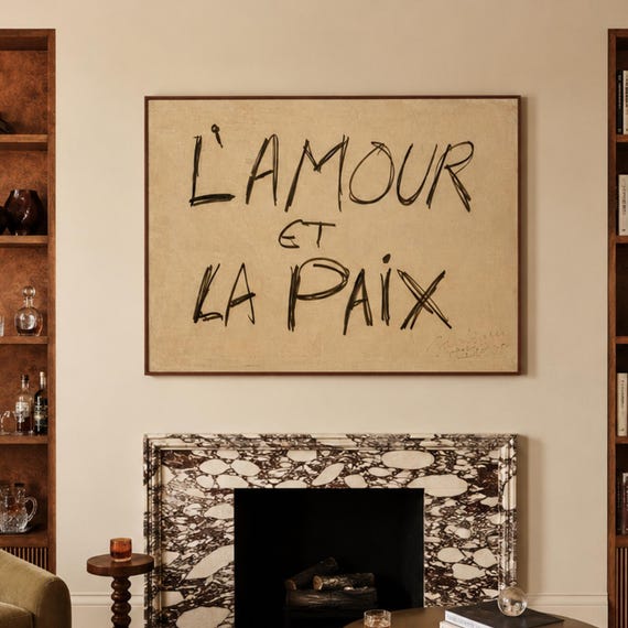 Lamour Et La Paix French Quote Print Horizontal Above Bed Wall Art Retro Minimalist Textured Hand Written Neutral Typography Poster