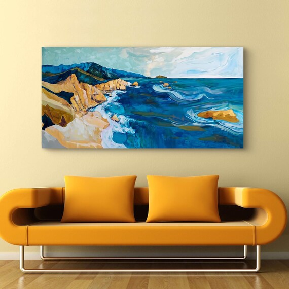 Abstract Coastal Waves Modern Ocean Art Blue Wave Decor Nautical Seascape Print For Living Room Or Bedroom